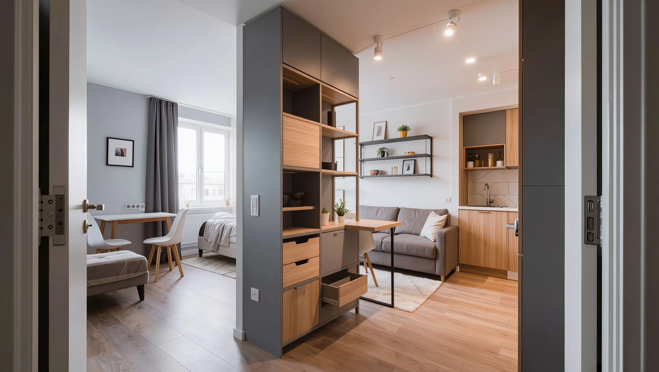 Decorative + functional hybrid storage in a open-concept small apartment studio apartment main using mixed modular system (open + closed)
