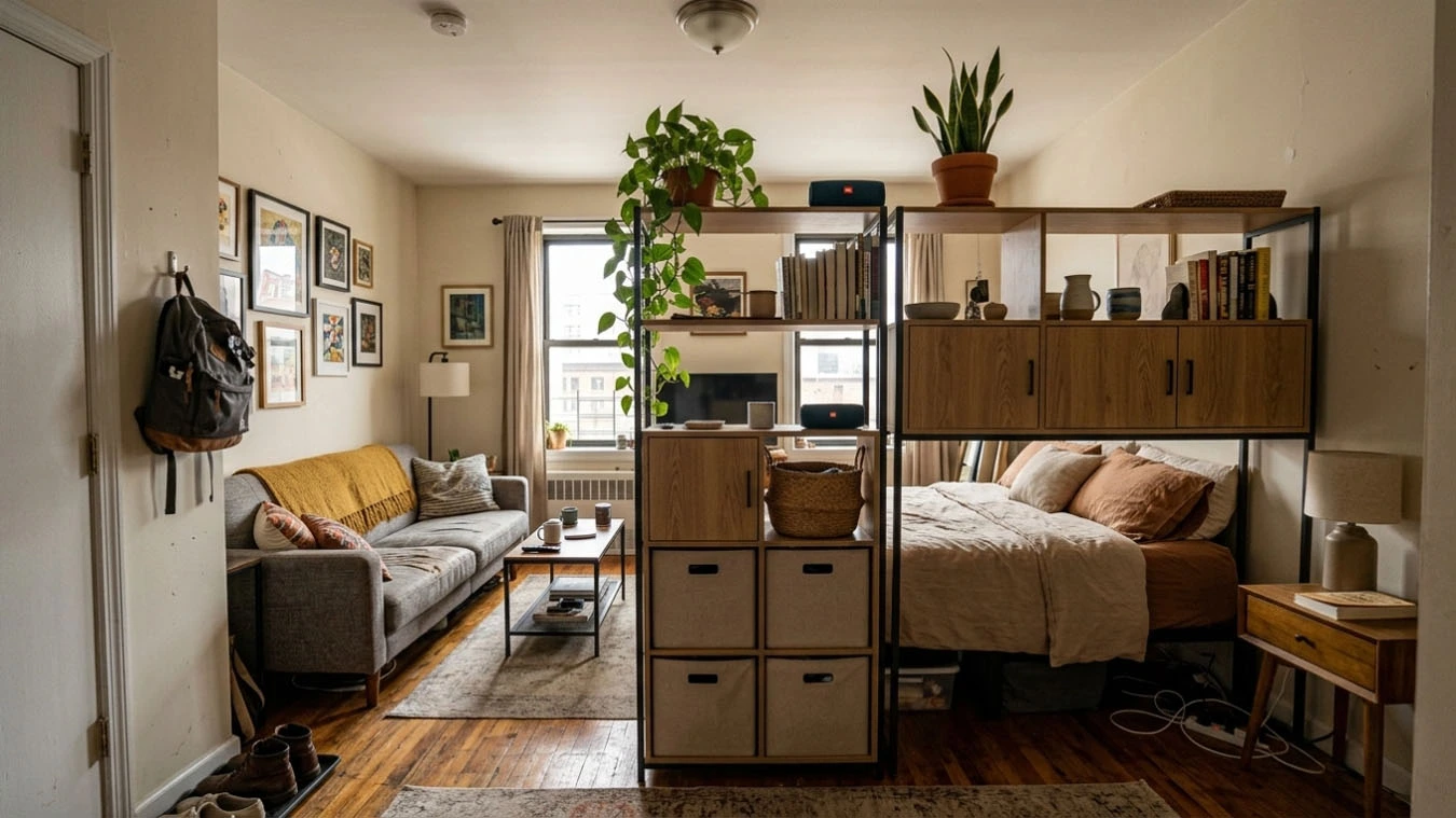 Room divider + storage in a open-concept small apartment studio apartment main using mixed modular system (open + closed)