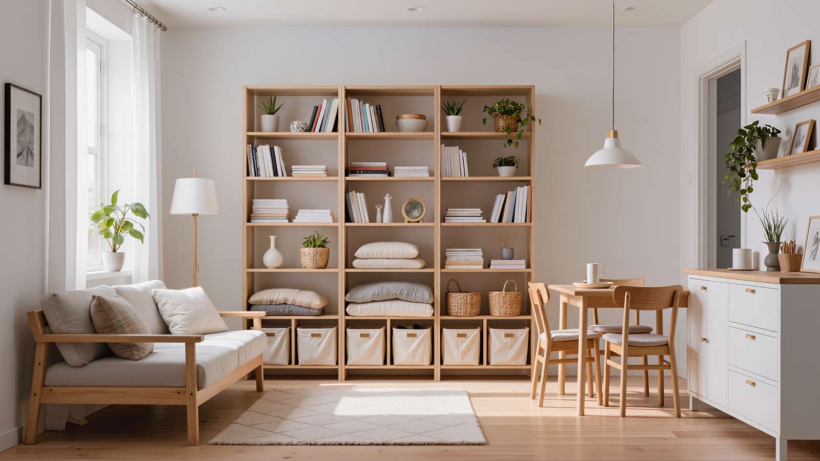 Small studio apartment living room featuring tall bookcases for overhead vertical storage, creating an organized and space-saving layout