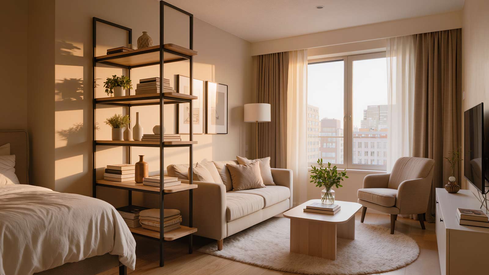 Bedroom apartment living room featuring freestanding vertical shelving used for decorative and functional hybrid storage in a small space
