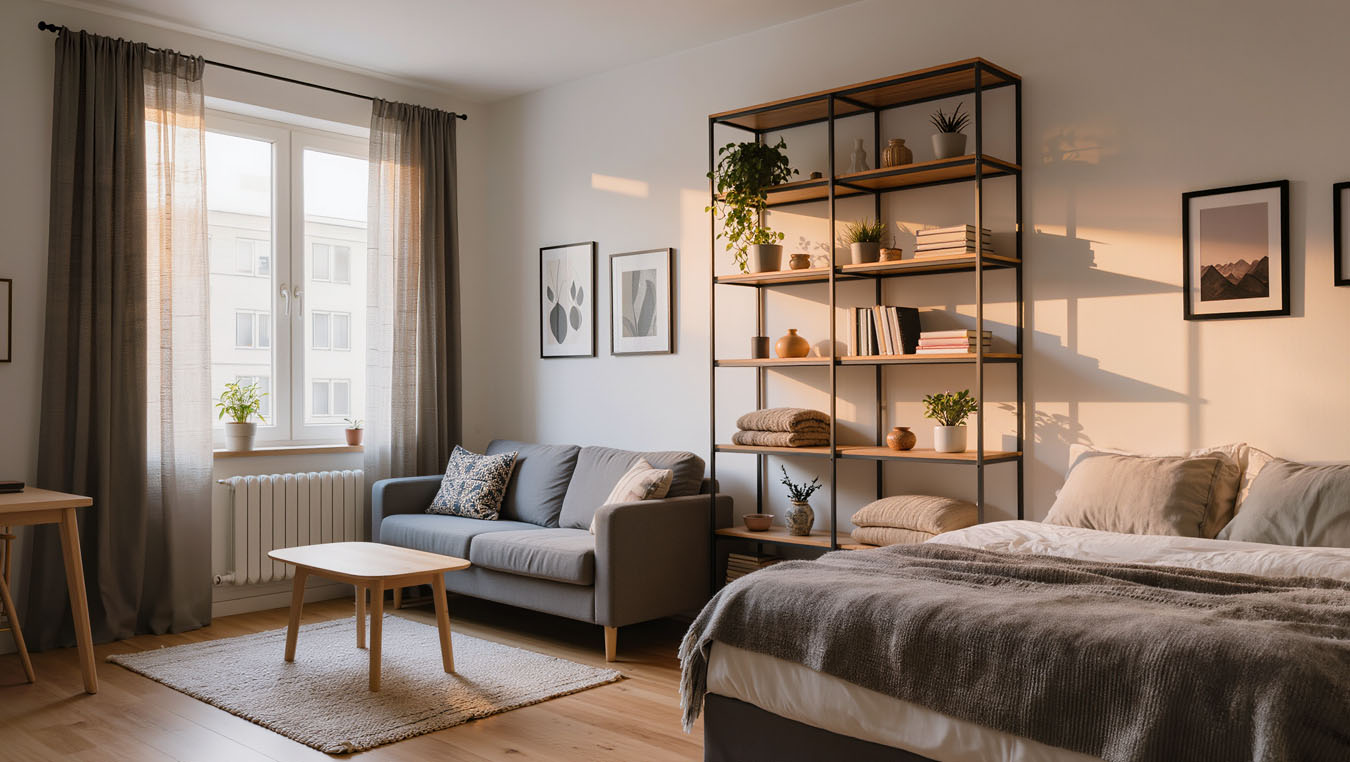apartment-living-room-hybrid-storage-freestanding-vertical-shelving Freestanding vertical shelving used for decorative and functional hybrid storage in a small apartment living room, featuring organized everyday items in a renter-friendly setup