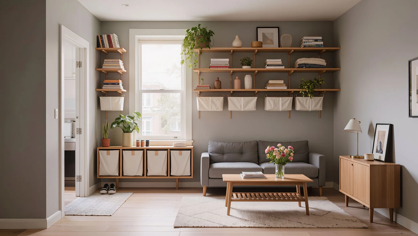 Floating shelves organizing decor and everyday items in a compact apartment living room with baskets, books, and plants