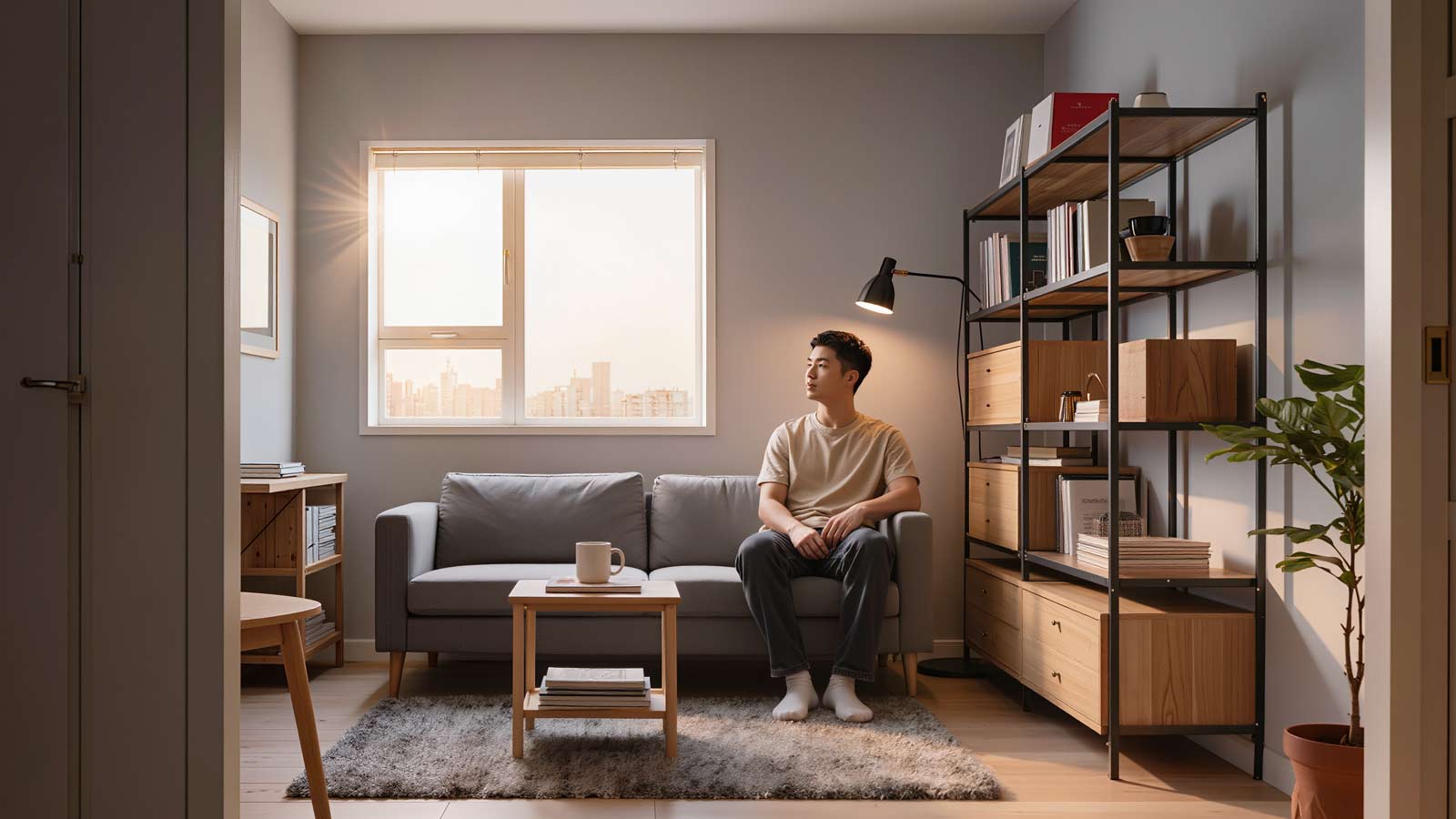 Functional Hybrid Storage with Freestanding Vertical Shelving for Small Apartments Freestanding vertical shelving used as functional hybrid storage in a small apartment living room, combining decorative items and everyday organization in a renter-friendly setup