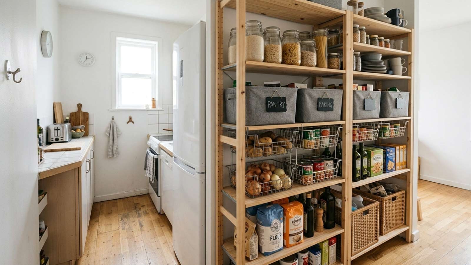 Compact 1-bedroom apartment pantry nook with freestanding vertical shelving used for pantry and kitchen overflow storage