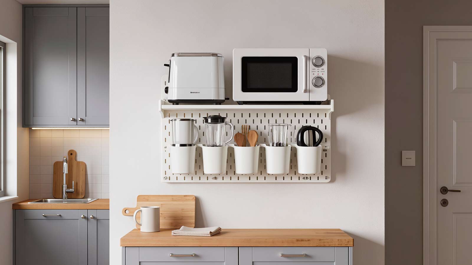 Small studio apartment kitchen backsplash with adhesive wall caddy used for small appliance and kitchen tool storage