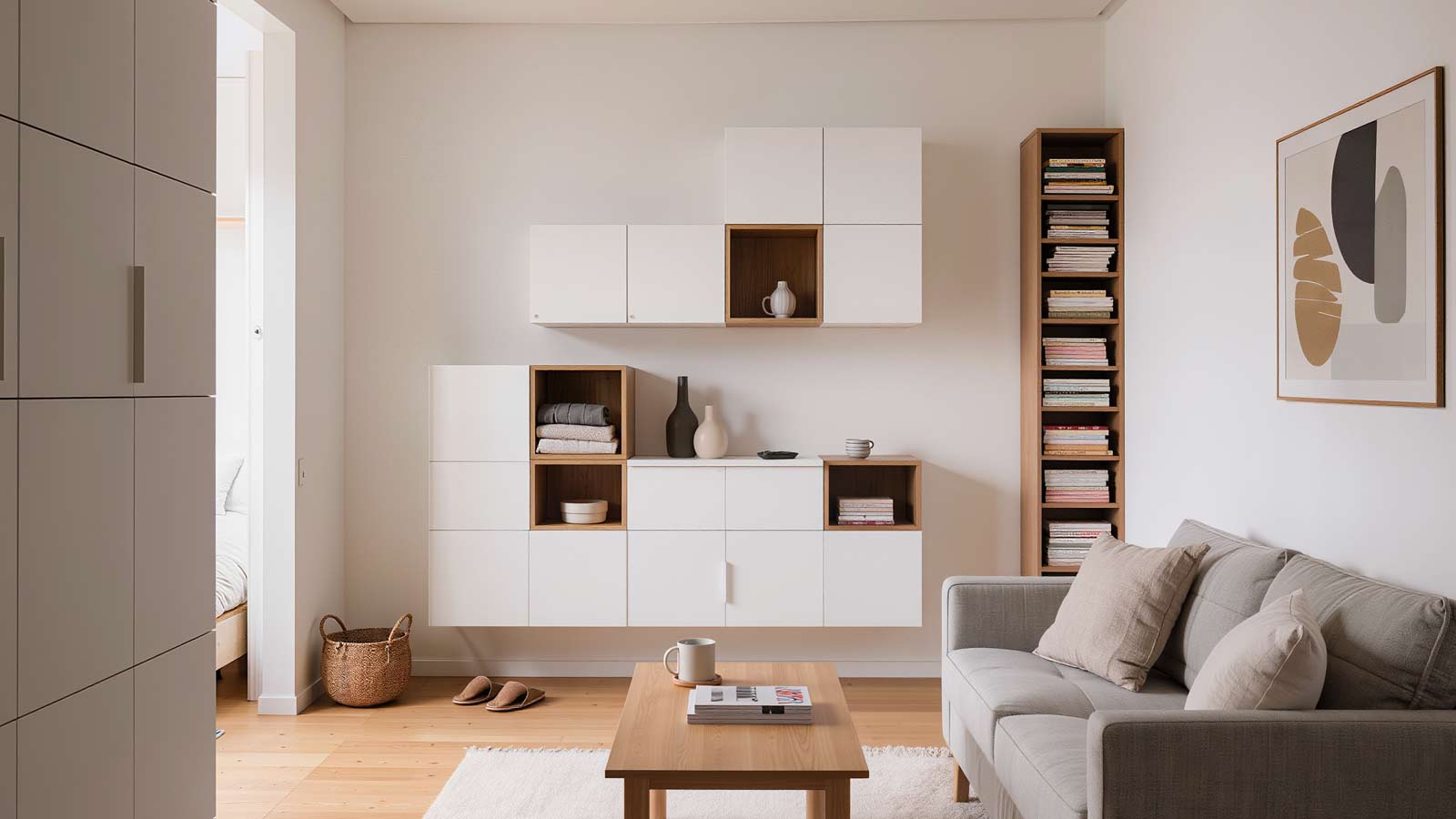 Small studio apartment living room with slim wall cabinets used for decorative and functional hybrid storage in a compact space