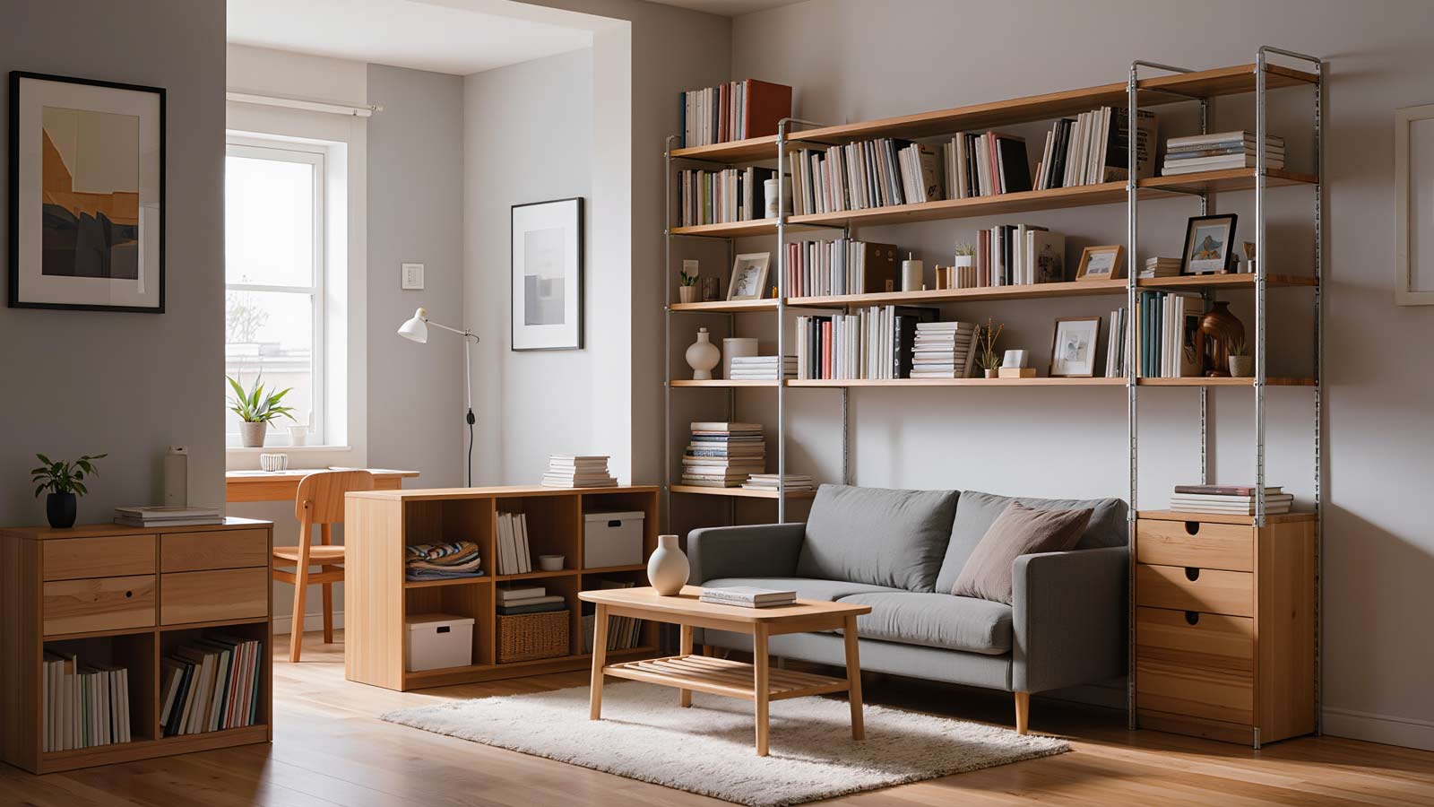 Small studio apartment living room featuring tall bookcases used for decorative and functional hybrid storage in a compact space