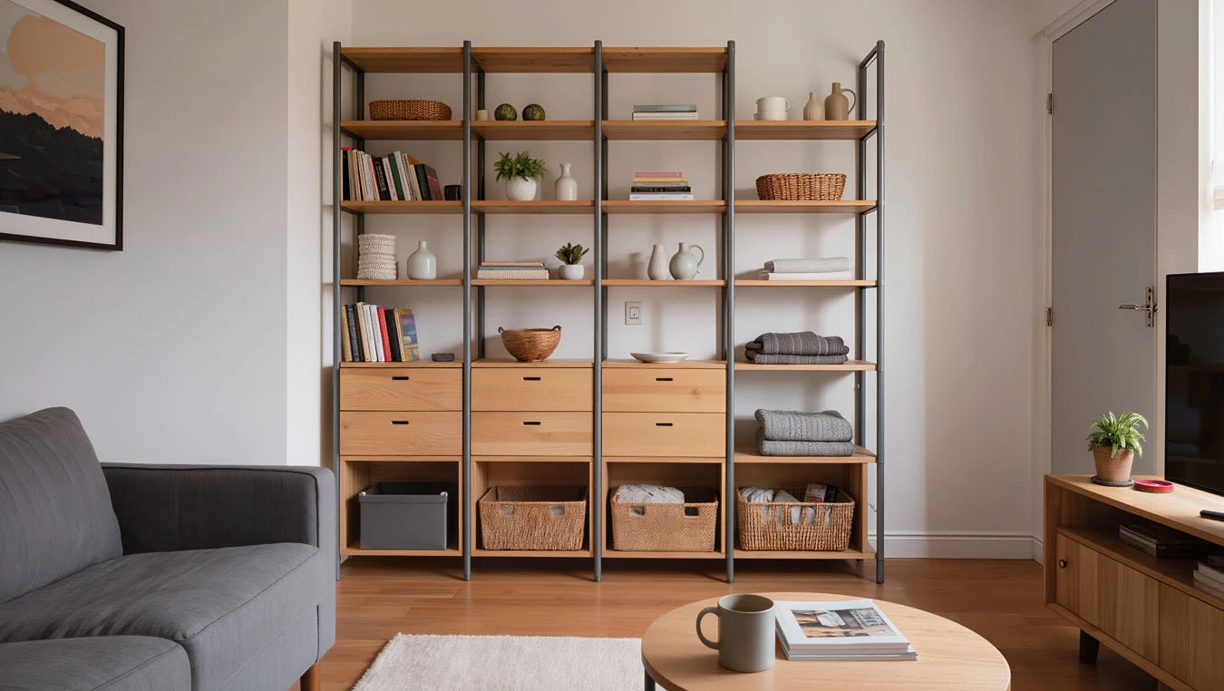 Small apartment living room featuring freestanding vertical shelving used as decorative and functional hybrid storage with a balanced, renter-friendly layout
