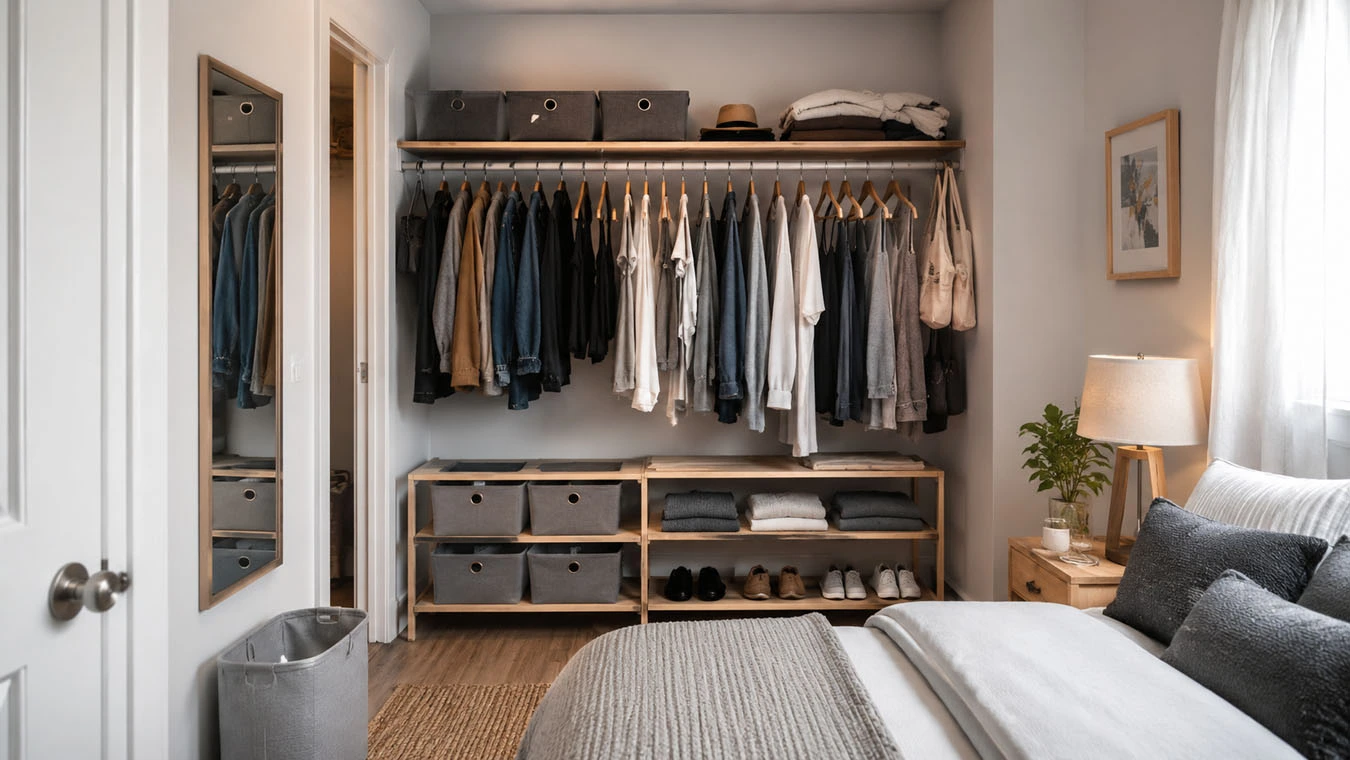 Clothing & wardrobe overflow in a compact 1-bedroom apartment closet interior using expandable closet rods