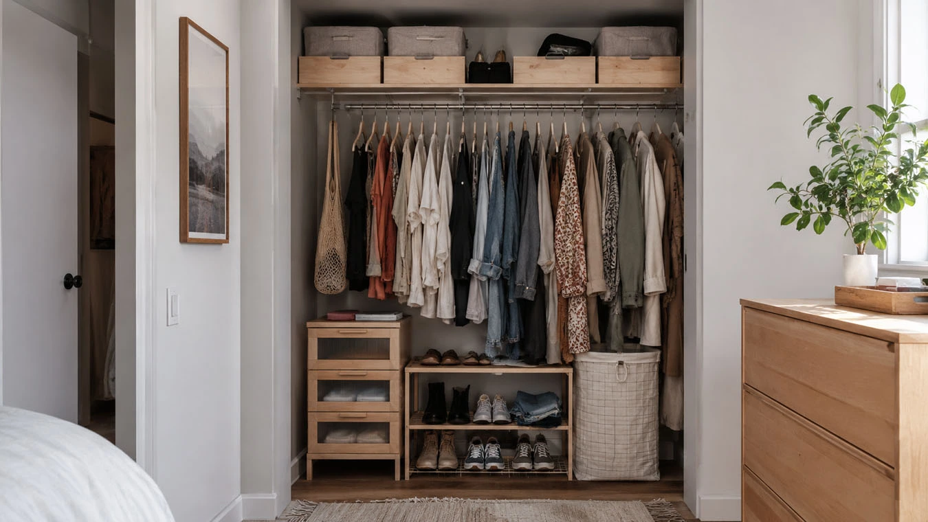Clothing & wardrobe overflow in a compact 1-bedroom apartment closet interior using closet top-shelf storage bins