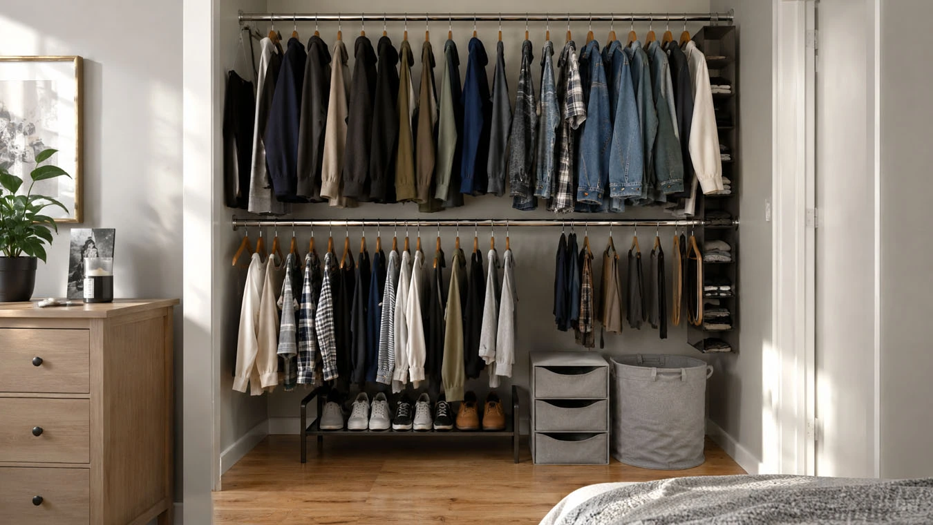 Clothing & wardrobe overflow in a compact 1-bedroom apartment closet interior using expandable closet rods