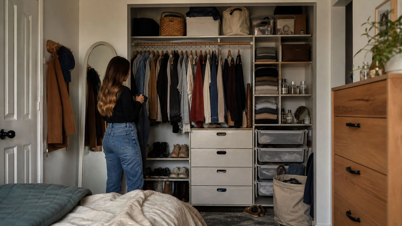 Clothing & wardrobe overflow in a compact 1-bedroom apartment closet interior using mixed modular system (open + closed)
