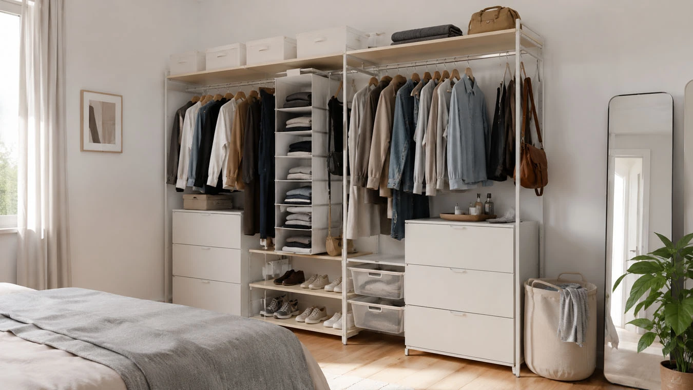 Clothing & wardrobe overflow in a compact 1-bedroom apartment open closet / wardrobe wall using mixed modular system (open + closed)
