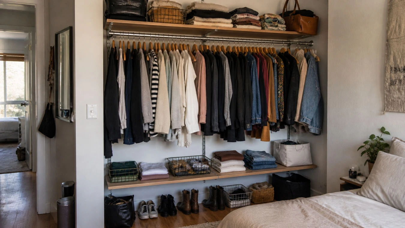 Clothing storage in a small apartment bedroom closet using basic closet rod and shelf