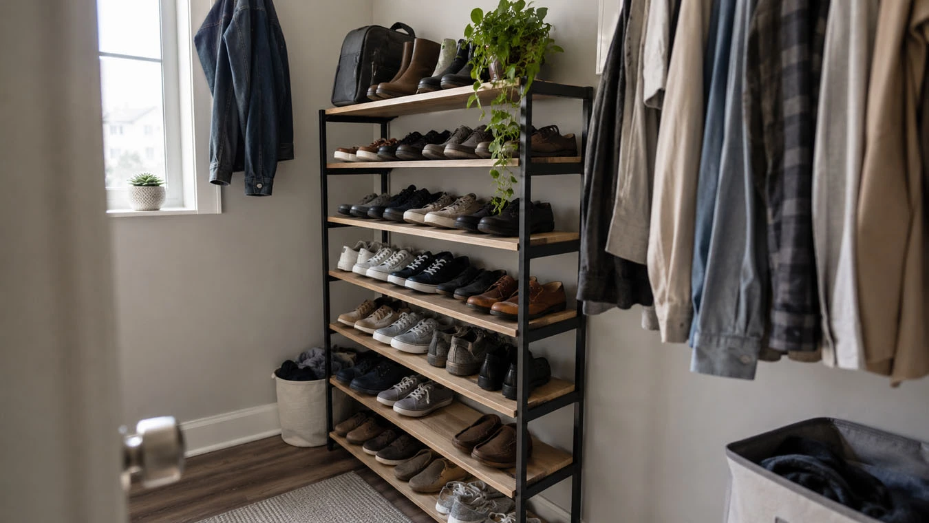 Shoe organization system in a compact 1-bedroom apartment closet interior using tiered shoe rack