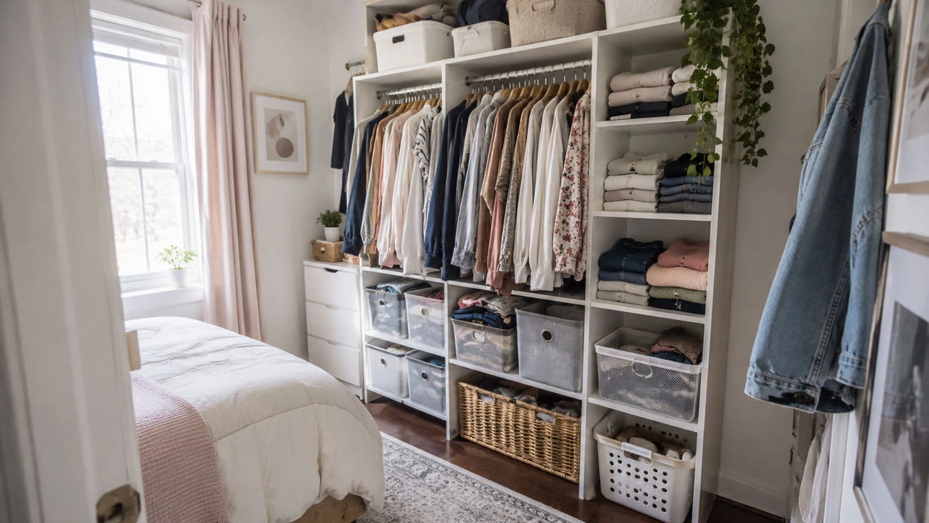 Clothing & wardrobe overflow in a compact 1-bedroom apartment closet interior using freestanding vertical shelving