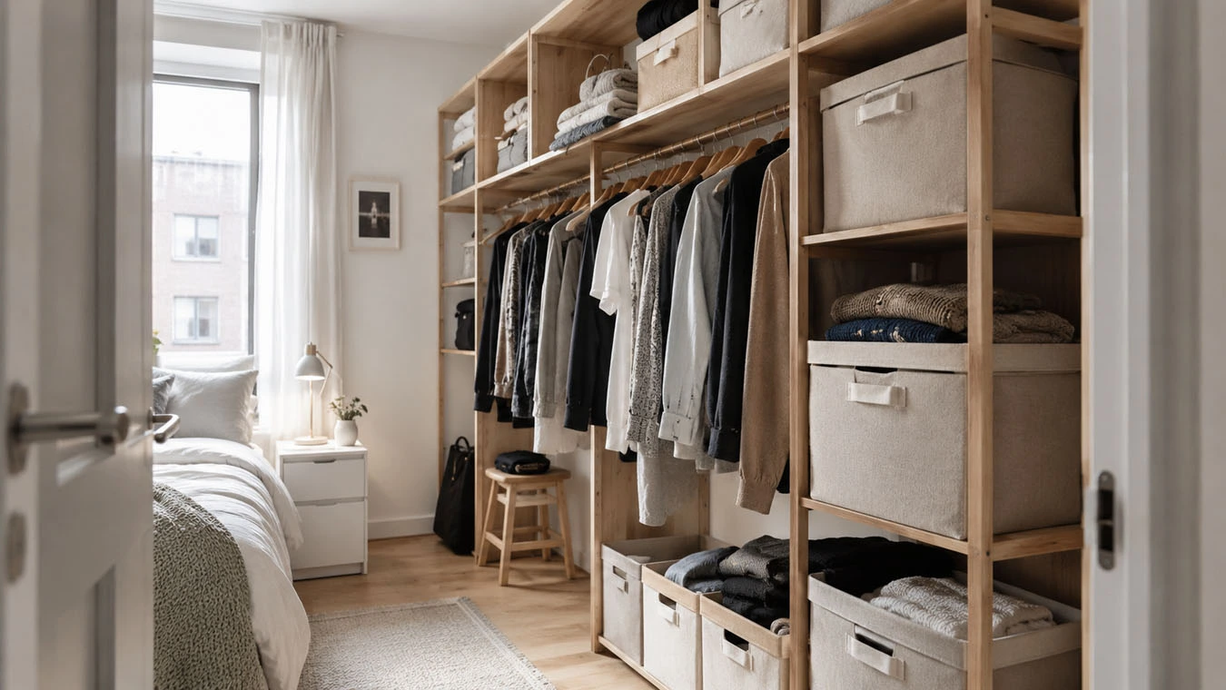 Clothing & wardrobe overflow in a compact 1-bedroom apartment closet interior using open shelving with fabric bins