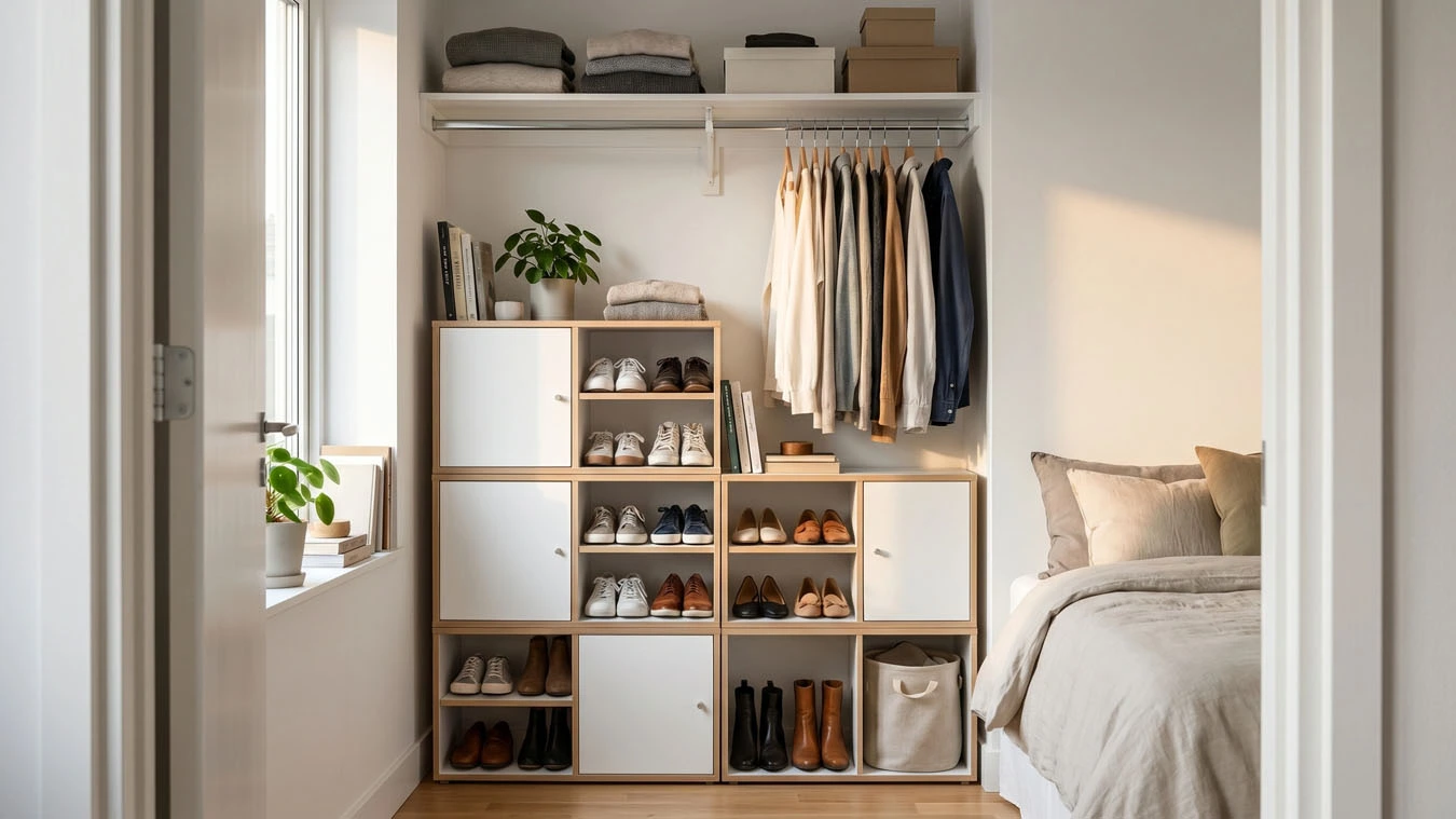 Shoe organization system in a small studio apartment open closet / wardrobe wall using stackable cube units
