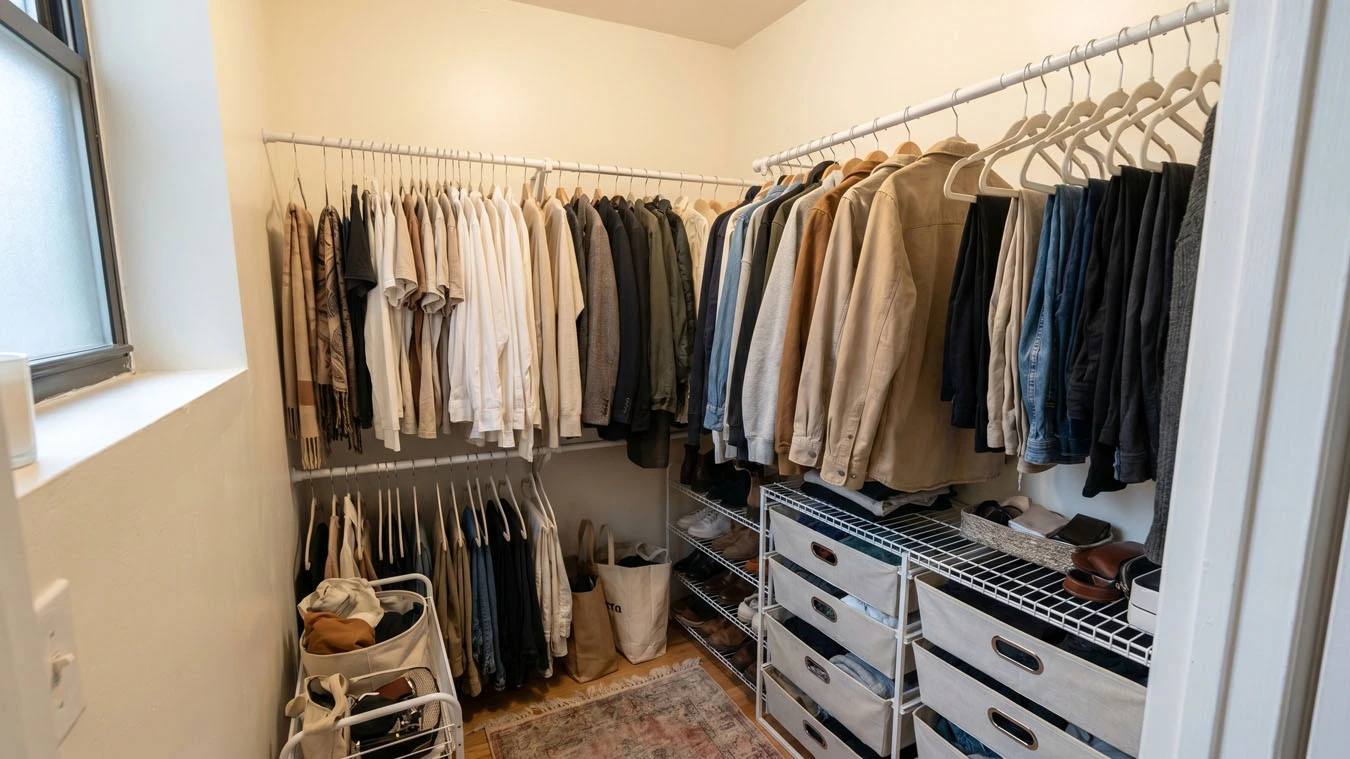 Clothing & wardrobe overflow in a small studio apartment closet interior using expandable closet rods