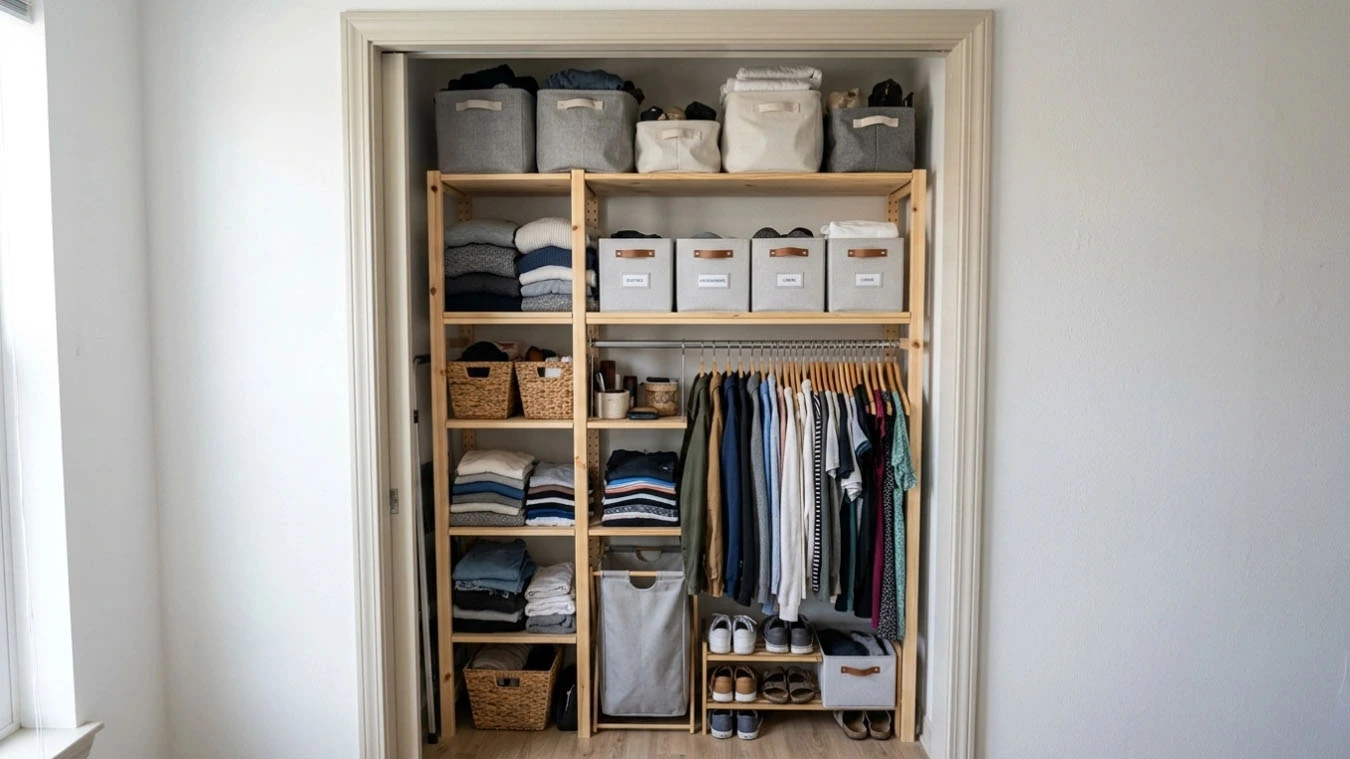 Overhead vertical storage in a small studio apartment closet interior using freestanding vertical shelving