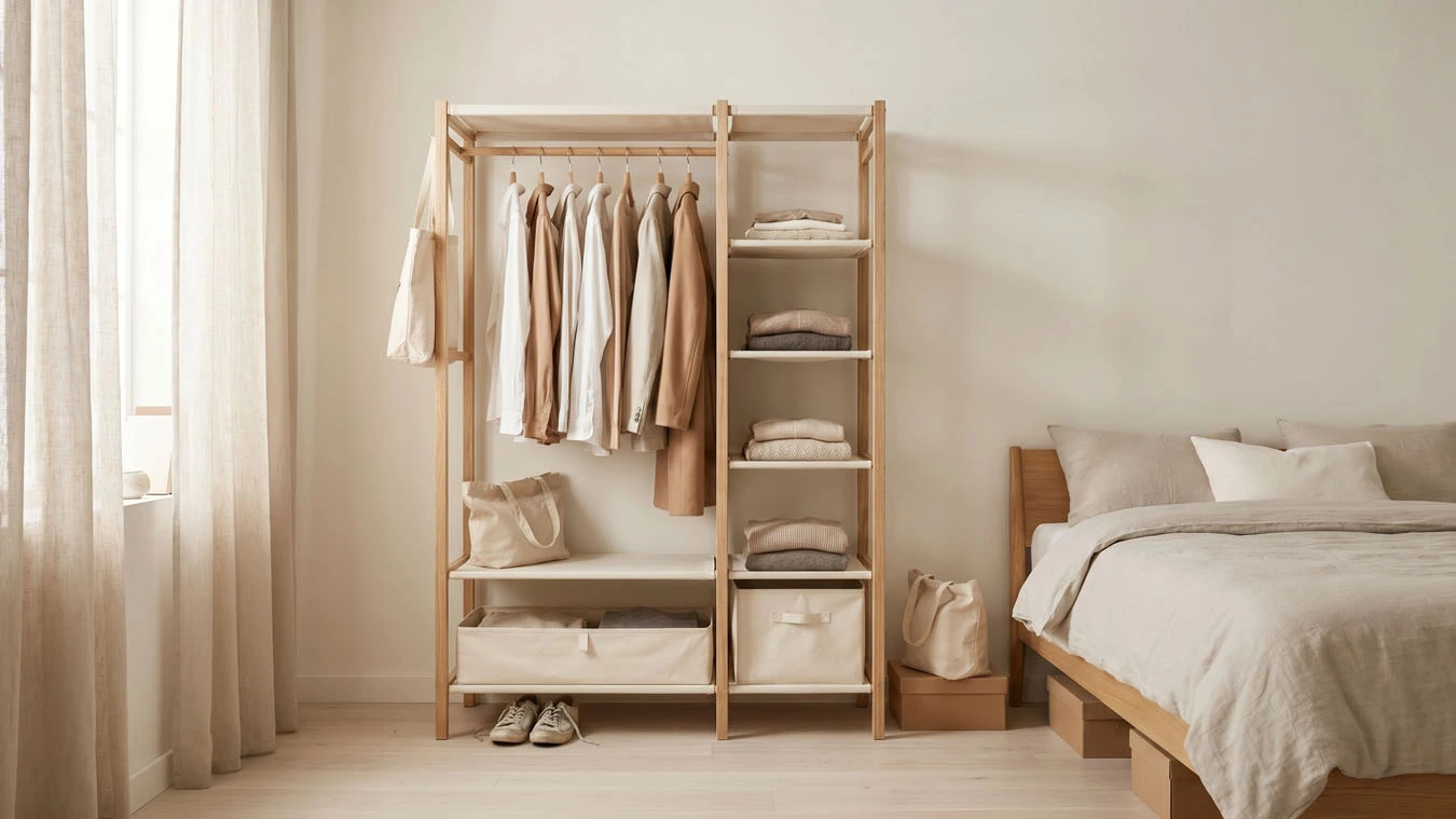 Clothing & wardrobe overflow in a small studio apartment open closet / wardrobe wall using freestanding garment rack with shelves