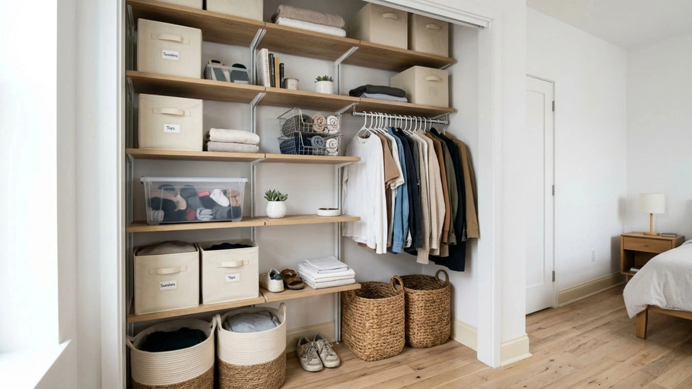 Vertical clothing and bin storage in a small apartment bedroom closet using vertical shelving