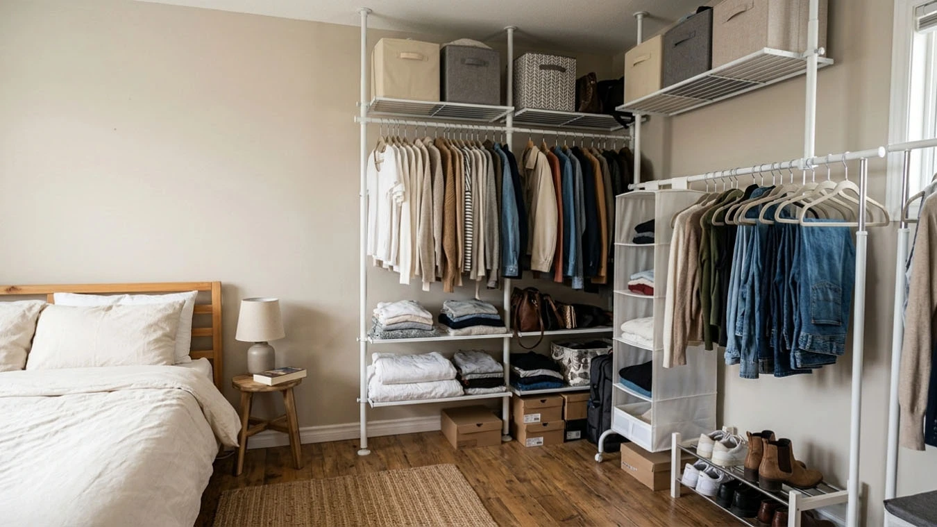 Clothing & wardrobe overflow in a average 1-bedroom rental closet interior using tension rod system