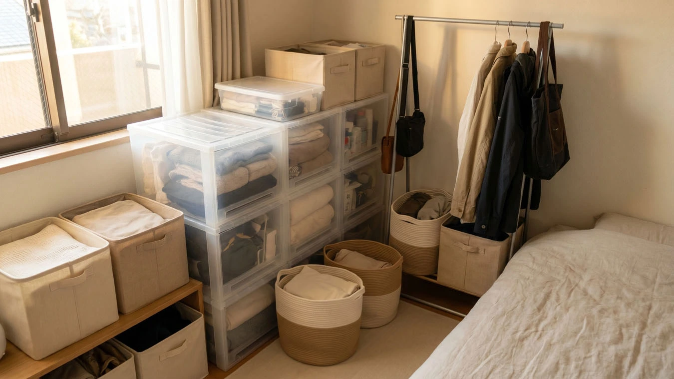 Seasonal & bulk storage in a average 1-bedroom rental bedroom using stackable clear storage boxes