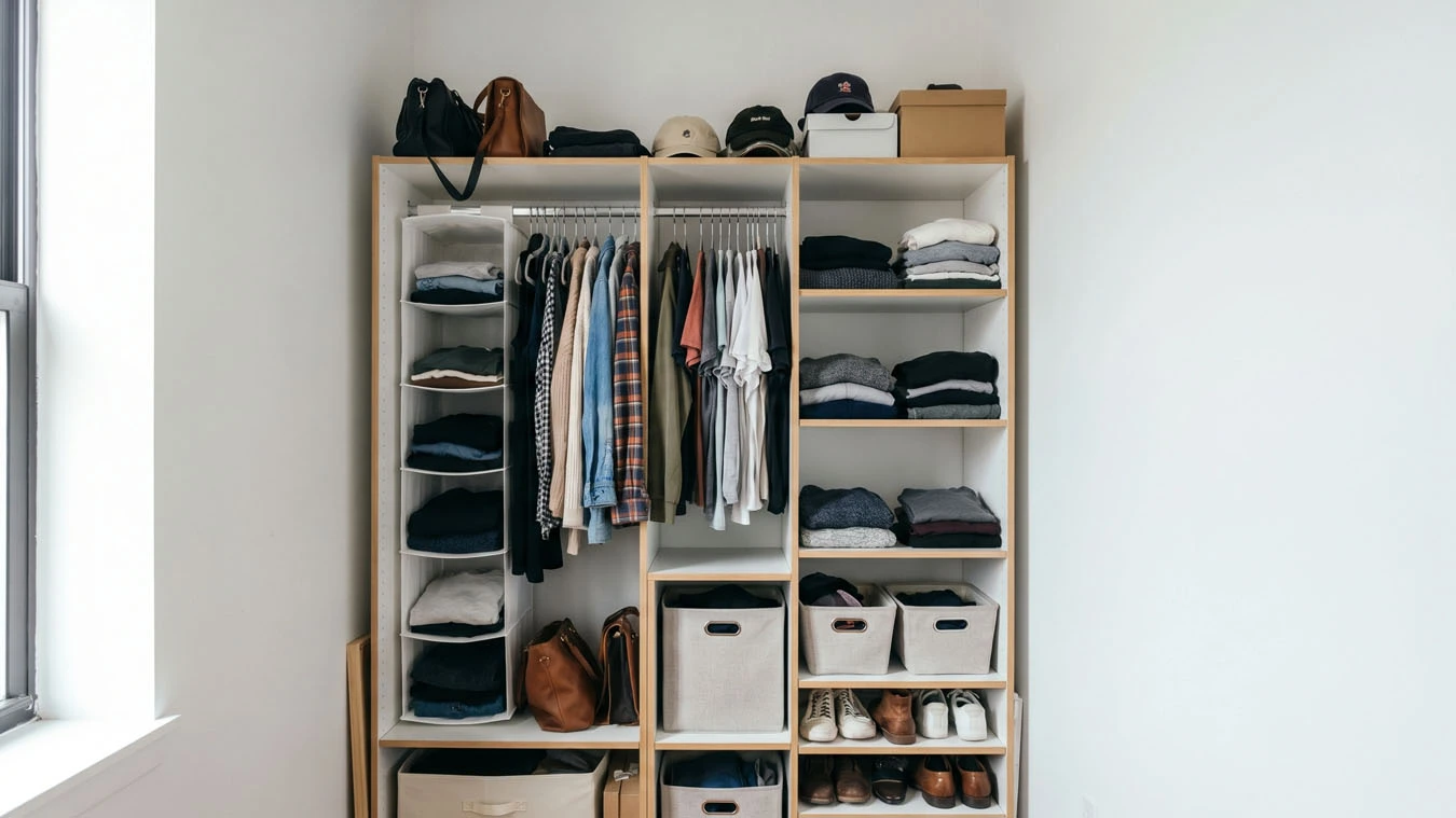 Vertical hanging storage in a small studio apartment open closet / wardrobe wall using freestanding vertical shelving