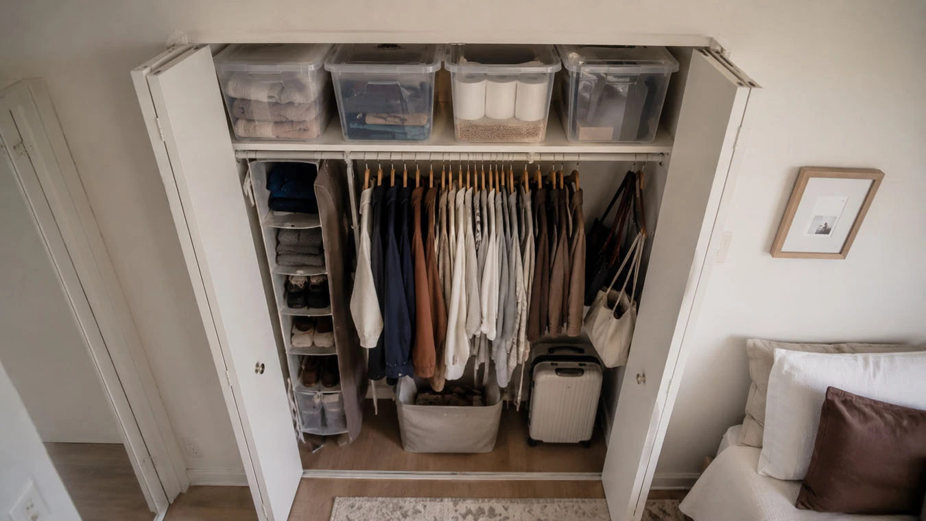 Clothing & wardrobe overflow in a average 1-bedroom rental open closet / wardrobe wall using mixed modular system (open + closed)