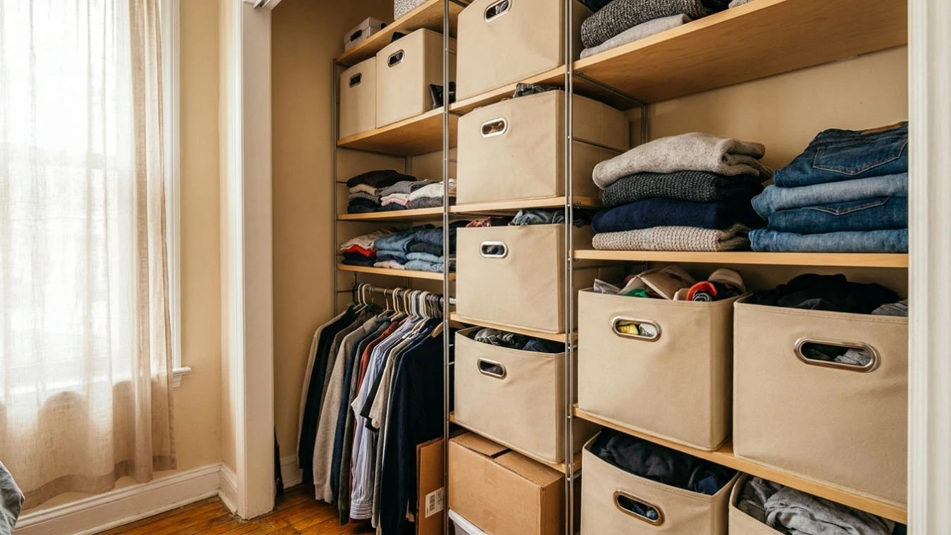 Clothing & wardrobe overflow in a small studio apartment open closet / wardrobe wall using modular drawer blocks