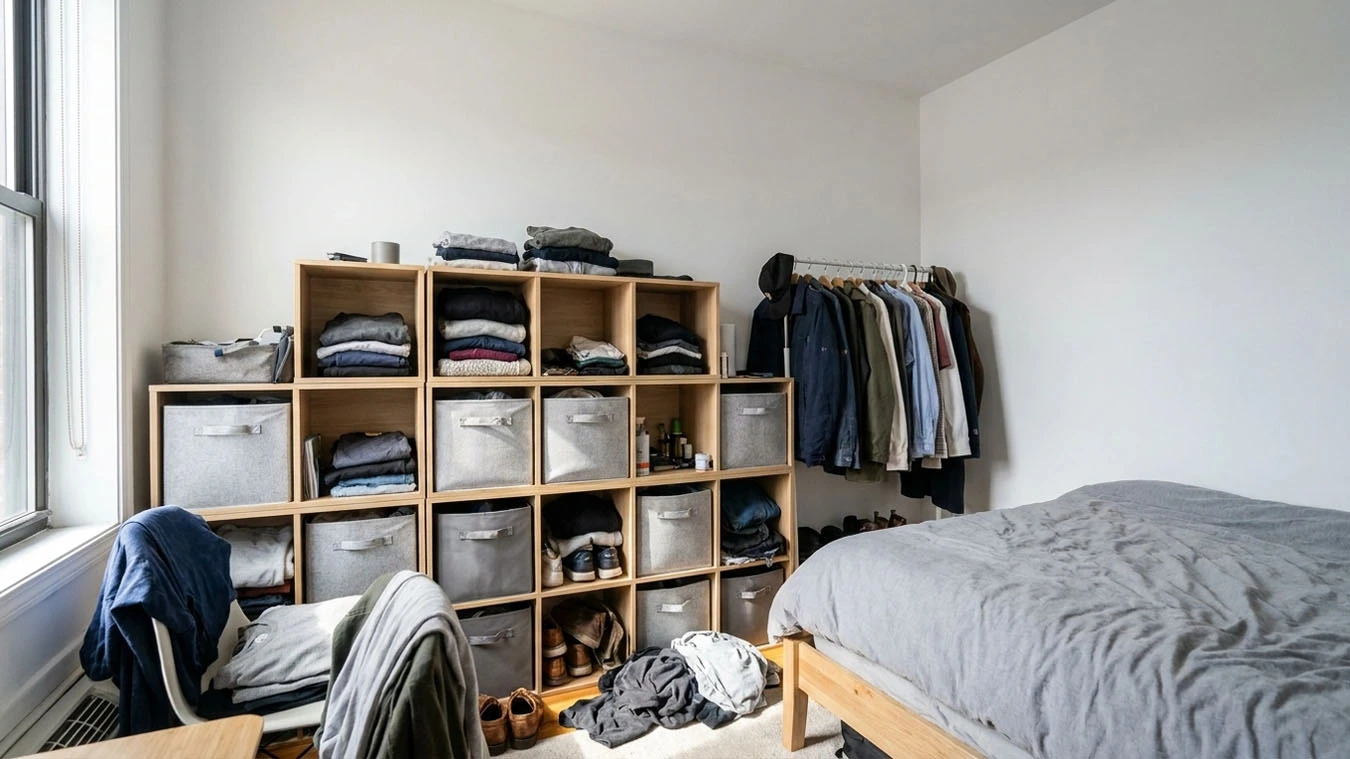 Clothing & wardrobe overflow in a compact 1-bedroom apartment bedroom using stackable cube units