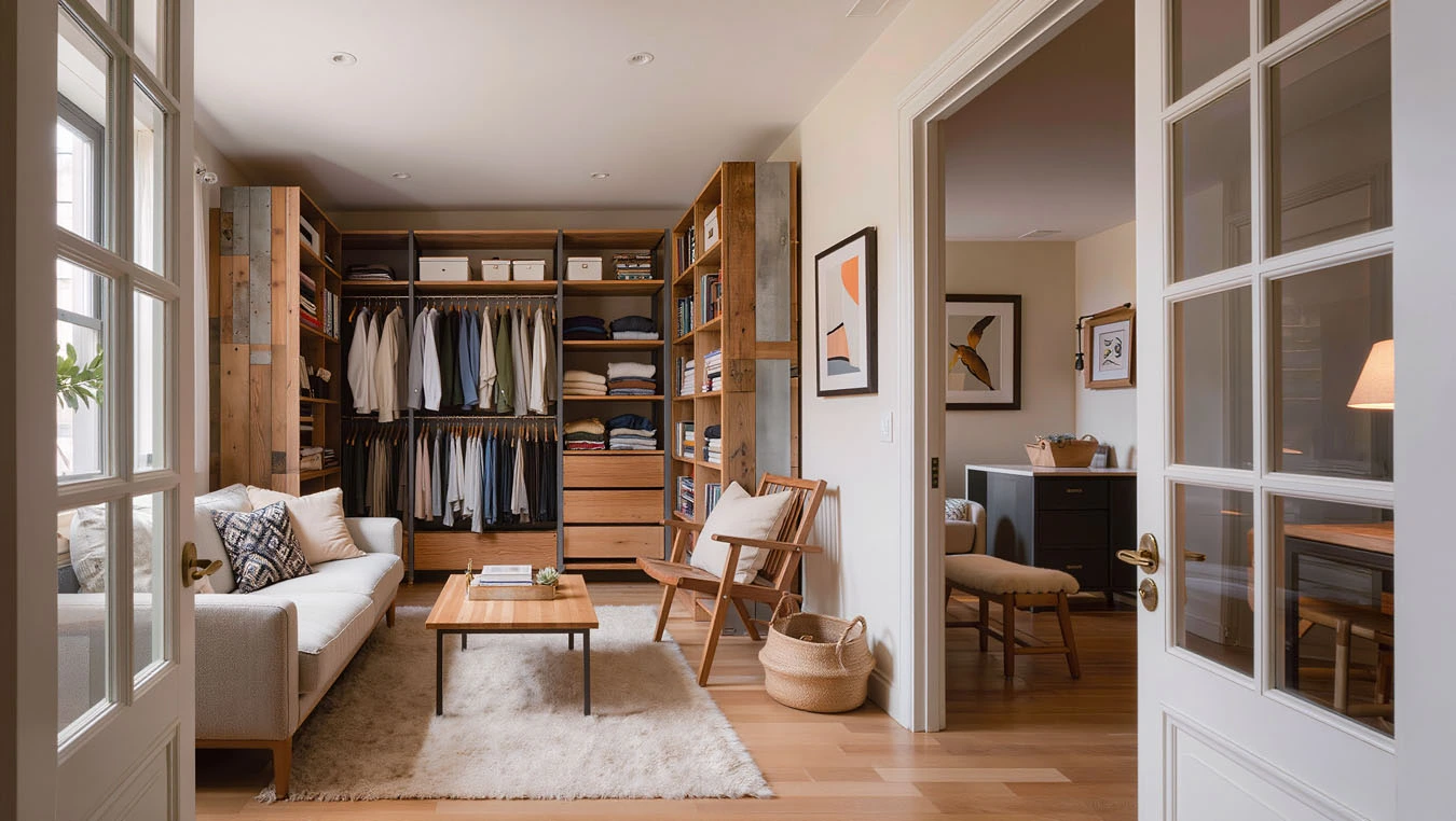 Clothing & wardrobe overflow in a open-concept small apartment living room using tall bookcases