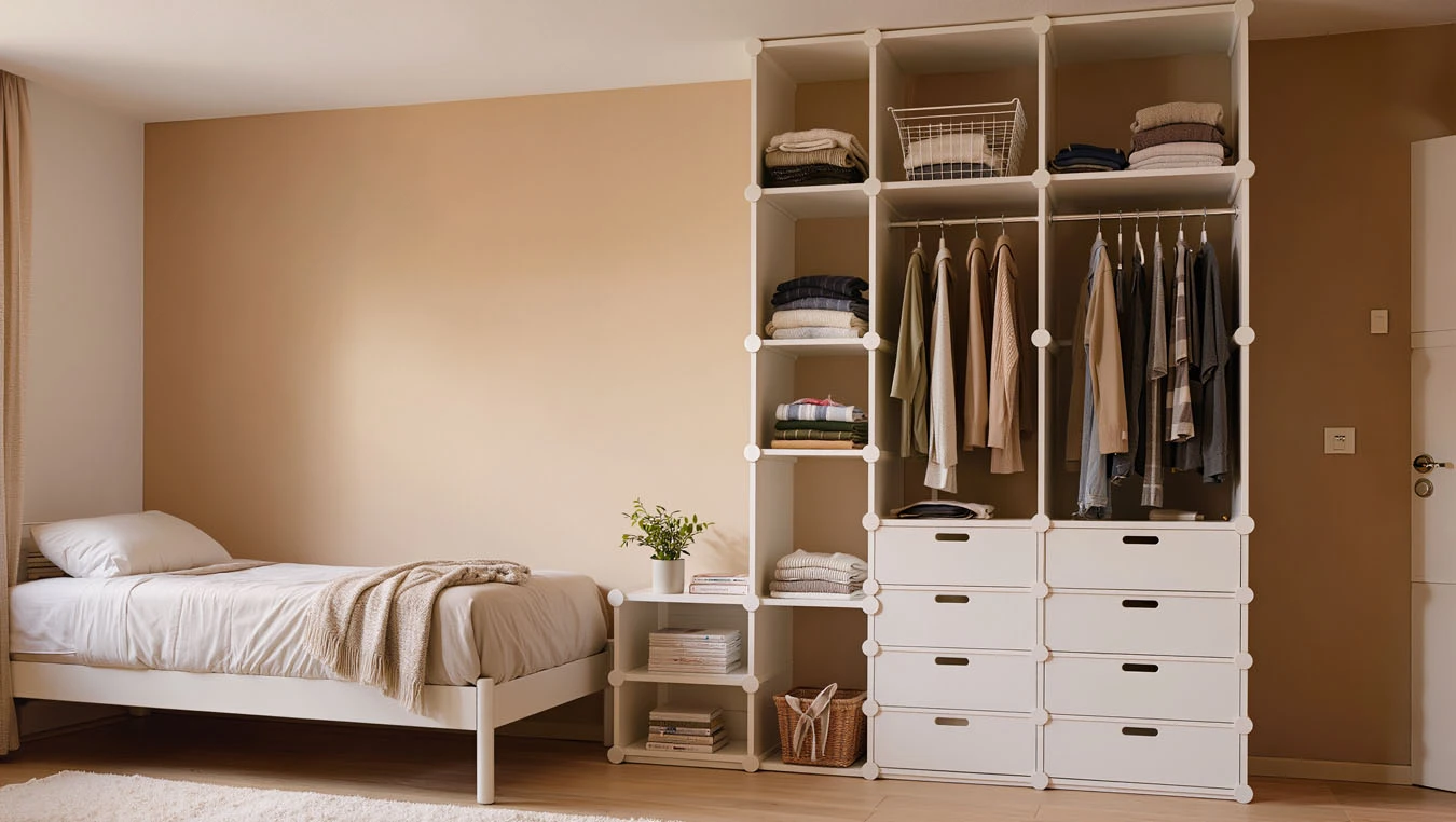Clothing & wardrobe overflow in a average 1-bedroom rental closet interior using open shelving with fabric bins