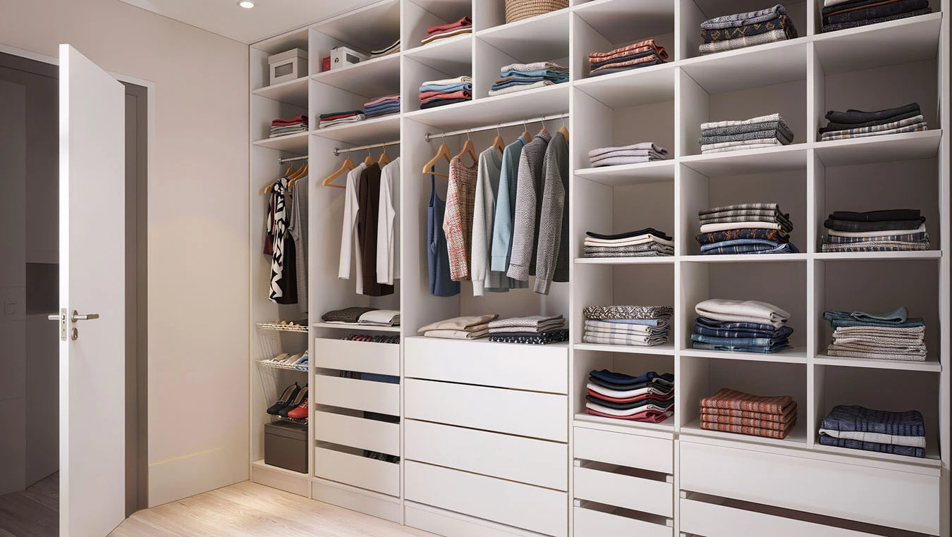 Clothing & wardrobe overflow in a average 1-bedroom rental closet interior using modular drawer blocks