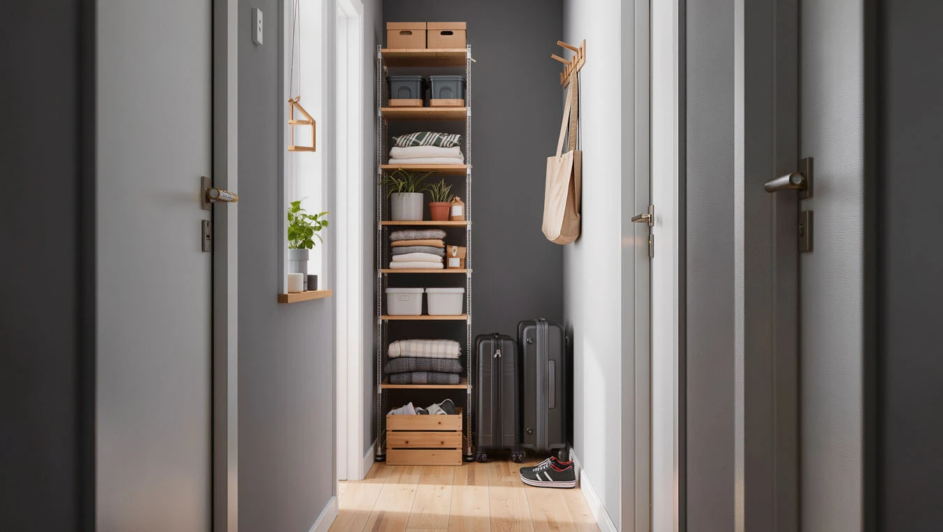 Seasonal & bulk storage in a older rental with limited storage closet interior using freestanding vertical shelving
