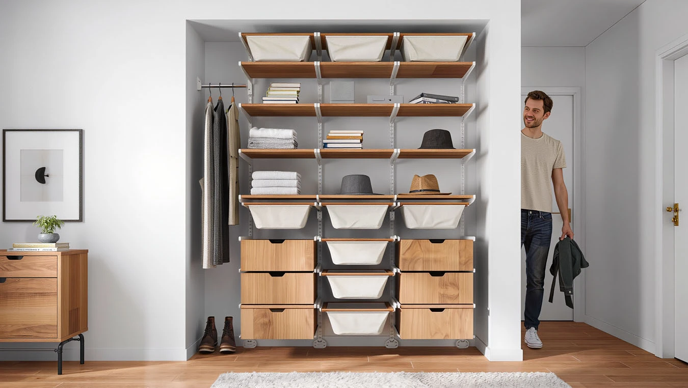 Flexible wardrobe organization in a small apartment bedroom closet using modular system