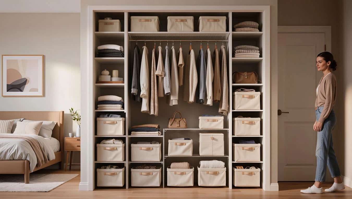 Clothing & wardrobe overflow in a average 1-bedroom rental closet interior using open shelving with fabric bins