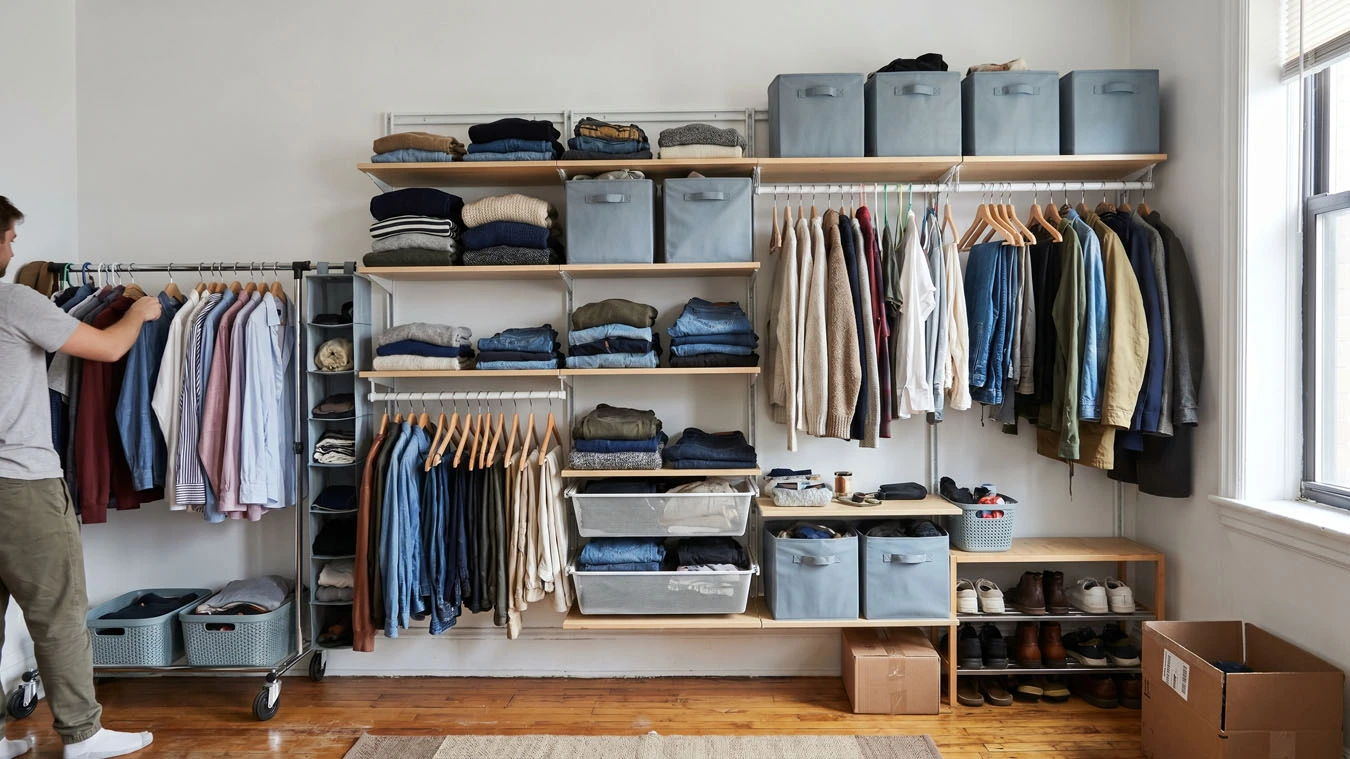 Seasonal & bulk storage in a small studio apartment closet interior using closet top-shelf storage bins