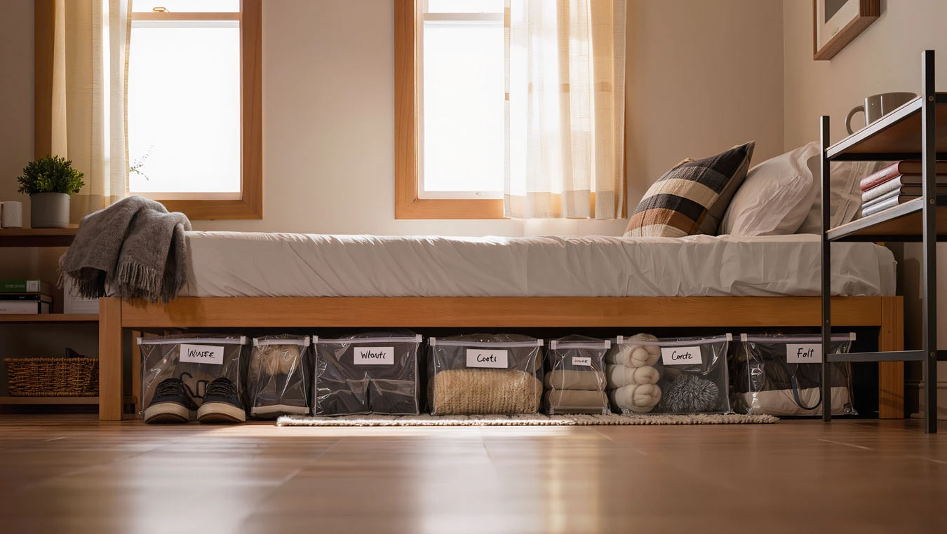 Seasonal & bulk storage in a small studio apartment under-bed using fabric under-bed storage bags