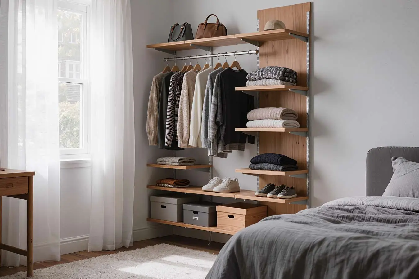 Vertical hanging storage in a open-concept small apartment open closet / wardrobe wall using freestanding vertical shelving