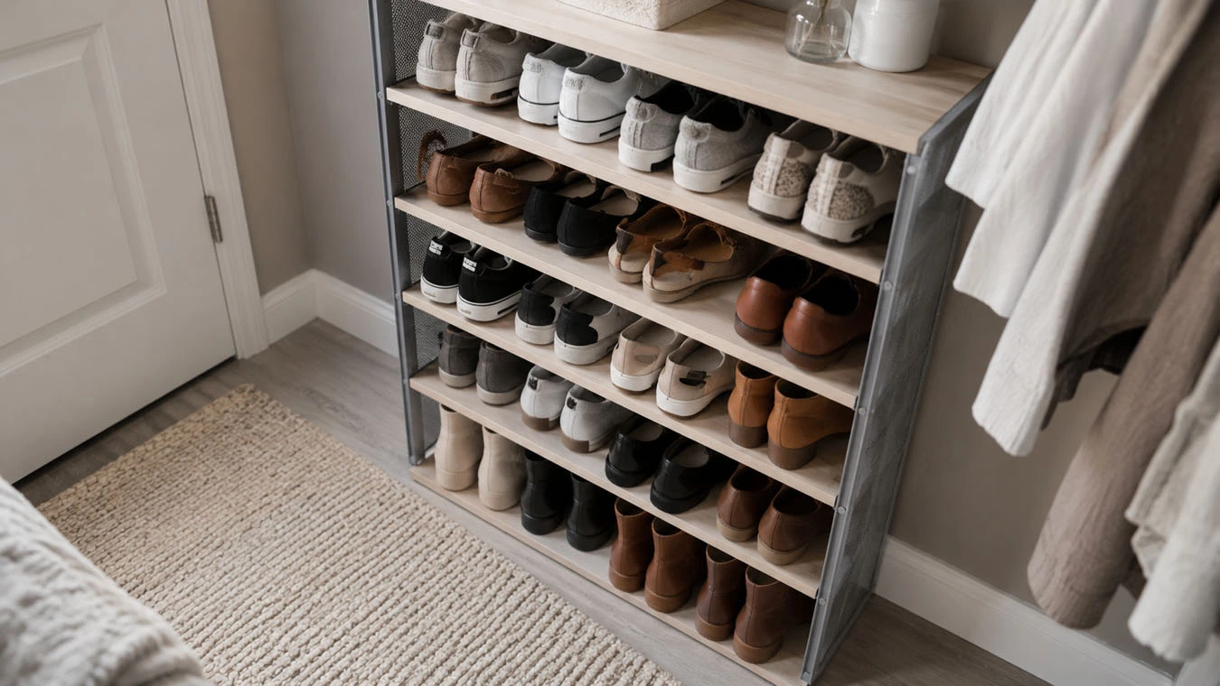  Shoe organization system in a compact 1-bedroom apartment closet interior using tiered shoe rack