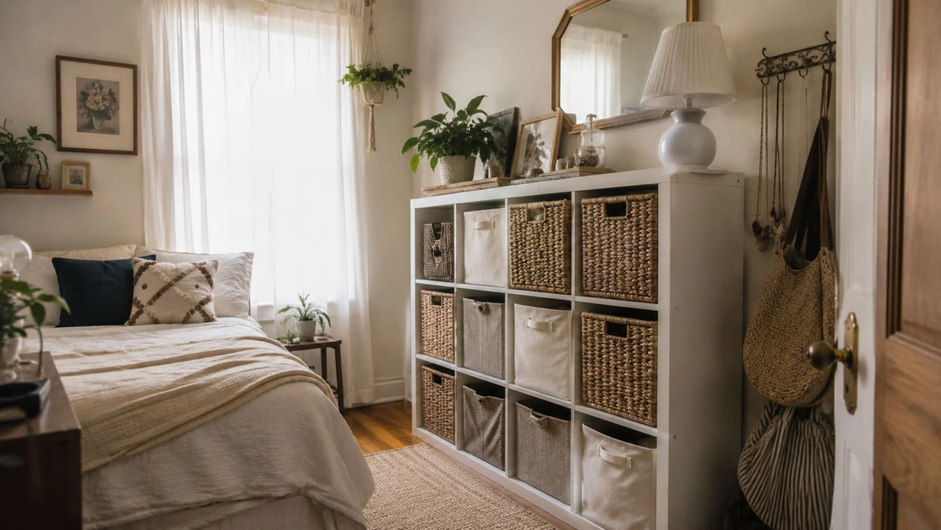 Decorative + functional hybrid storage in a compact 1-bedroom apartment bedroom using open shelving with fabric bins
