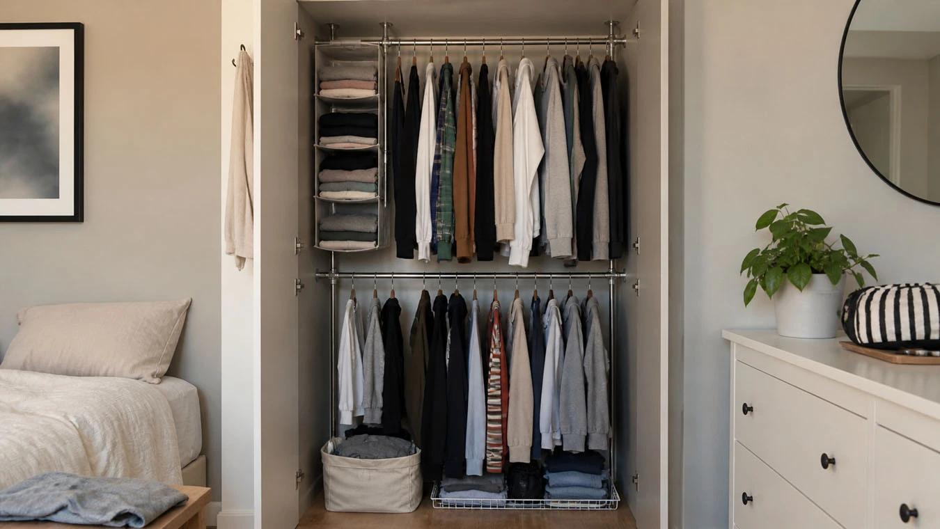Clothing & wardrobe overflow in a compact 1-bedroom apartment closet interior using dual tension rod divider