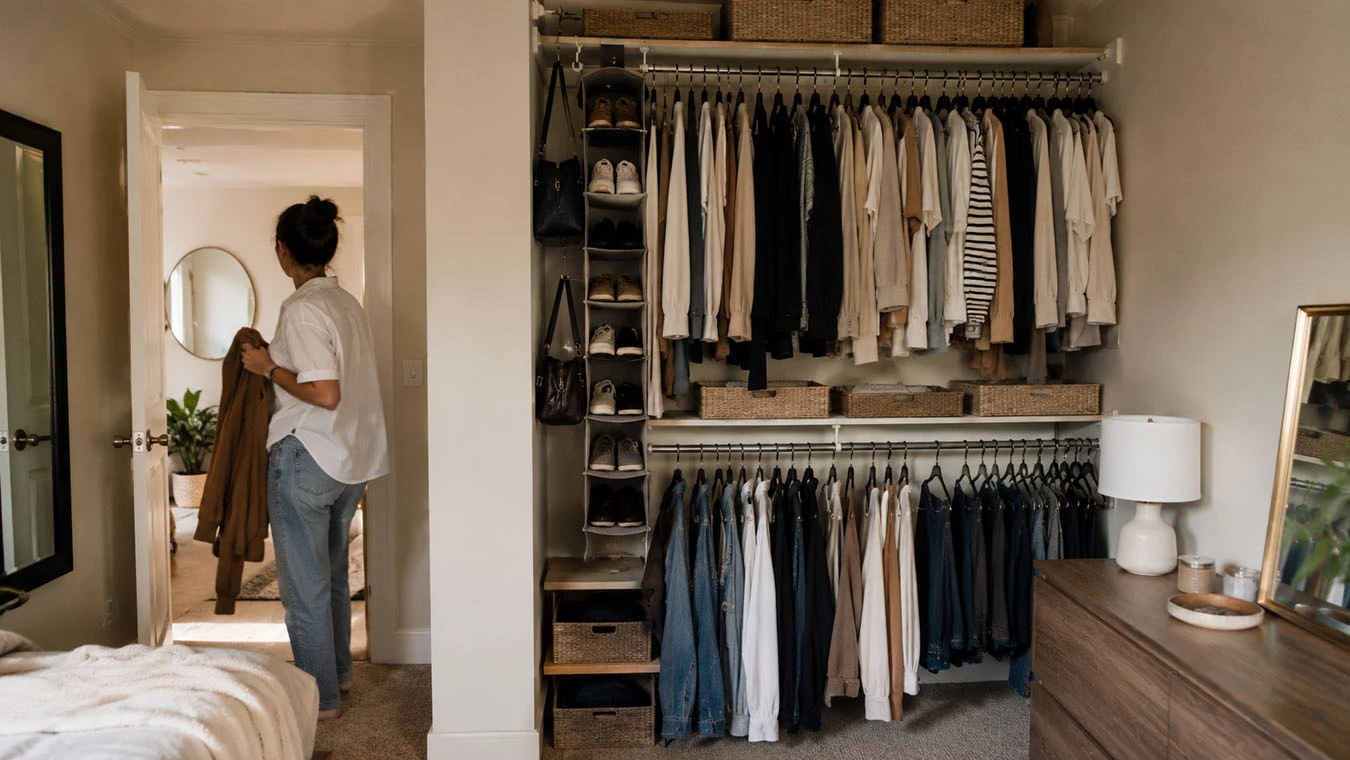 Clothing & wardrobe overflow in a compact 1-bedroom apartment closet interior using tension rod system