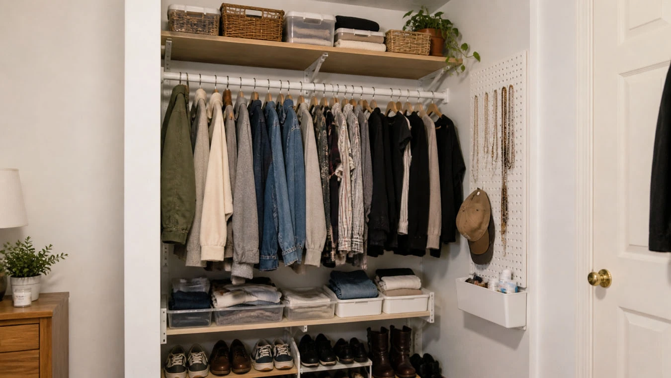 Accessories organization in a small apartment closet interior using adhesive systems