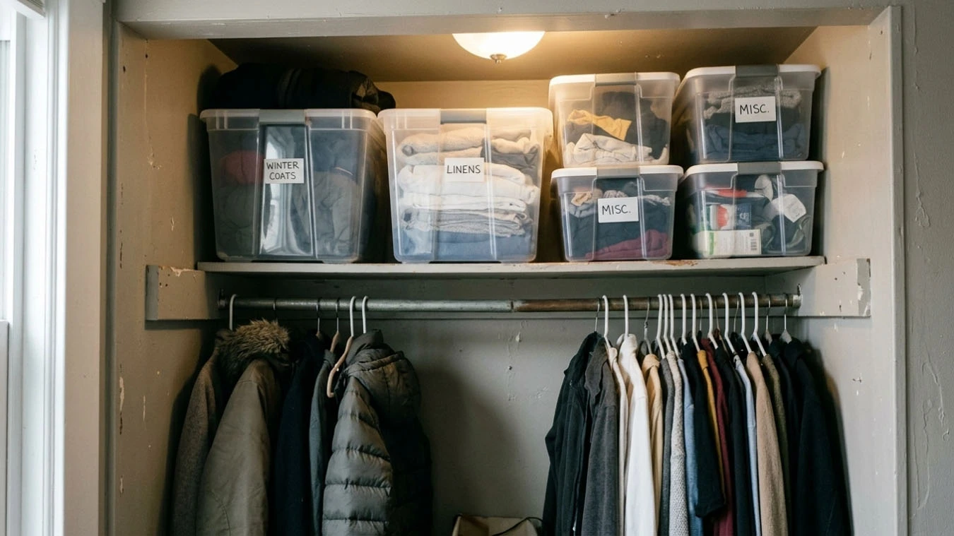 Seasonal & bulk storage in a older rental with limited storage closet interior using closet top-shelf storage bins