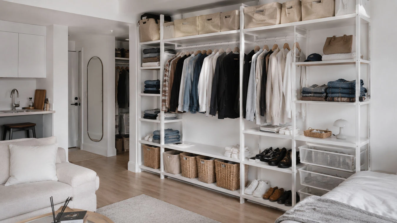 Overhead vertical storage in a open-concept small apartment open closet / wardrobe wall using freestanding vertical shelving