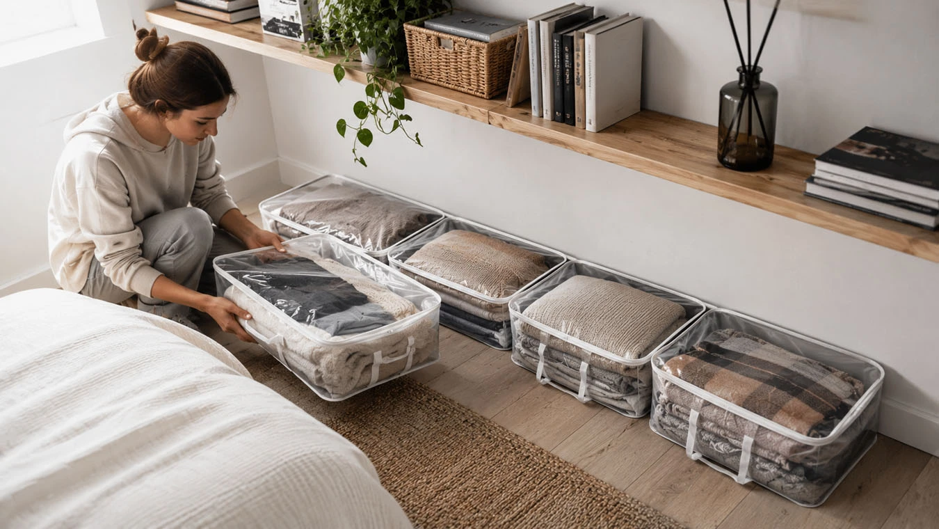 Seasonal & bulk storage in a average 1-bedroom rental under-bed using fabric under-bed storage bags
