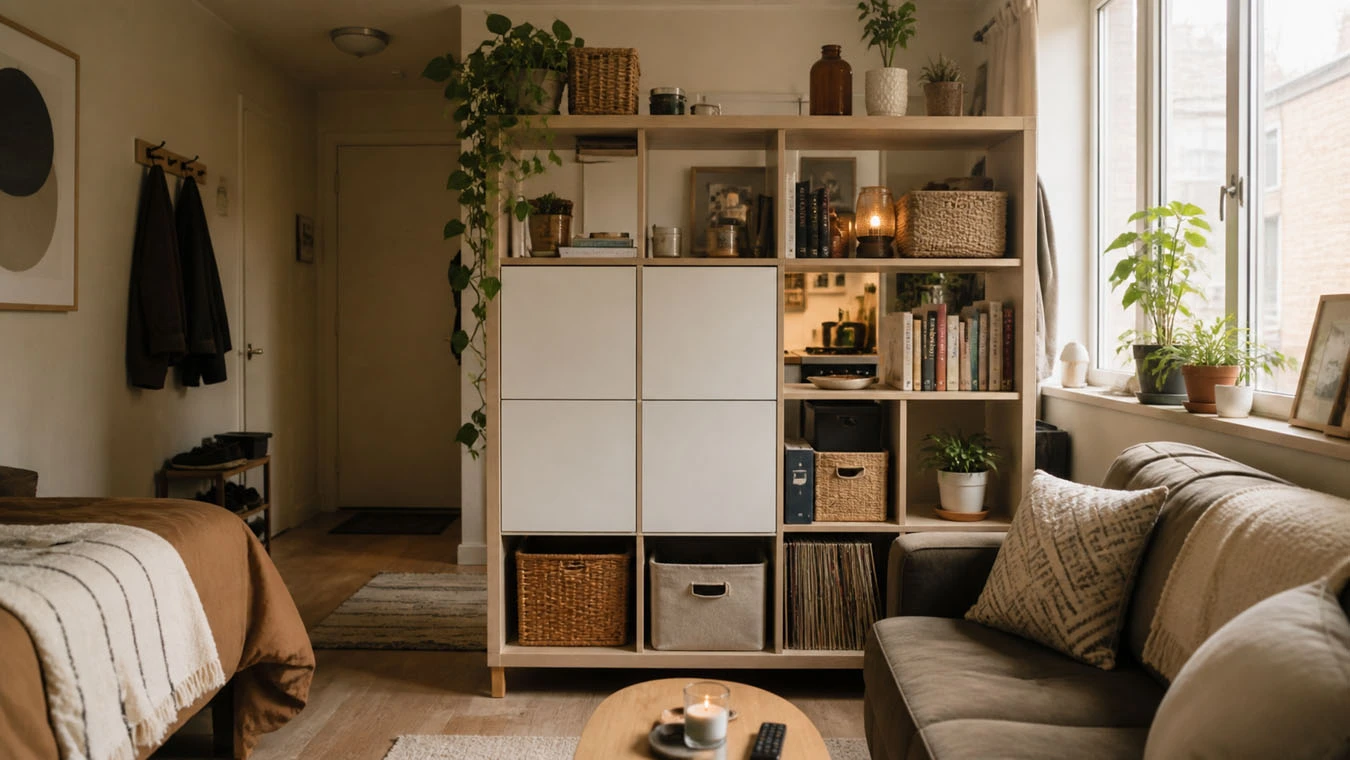 Room divider + storage in a micro-studio (very compact, tight layout) studio apartment main using mixed modular system (open + closed)